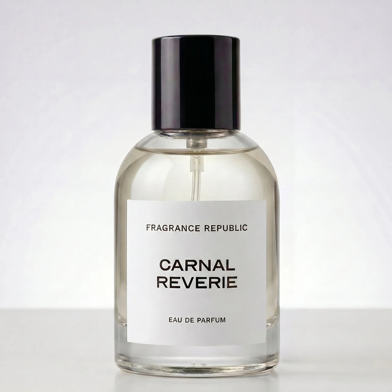 Fragrance Republic Carnal Reverie perfume bottle with black cap on a pale background.