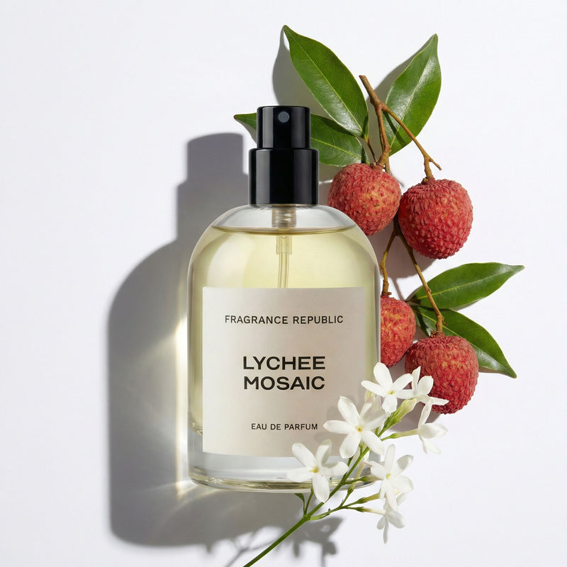Lychee Mosaic eau de parfum bottle with lychee fruit and white jasmine flowers