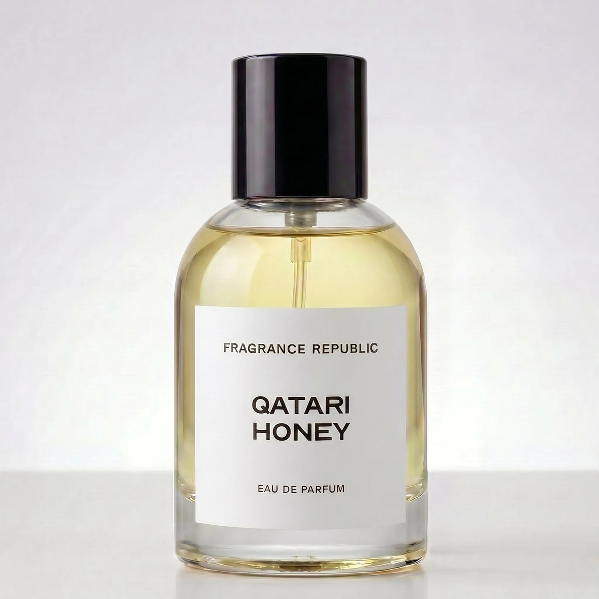 Bottle of 'Qatari Honey' eau de parfum by Fragrance Republic on a white background
