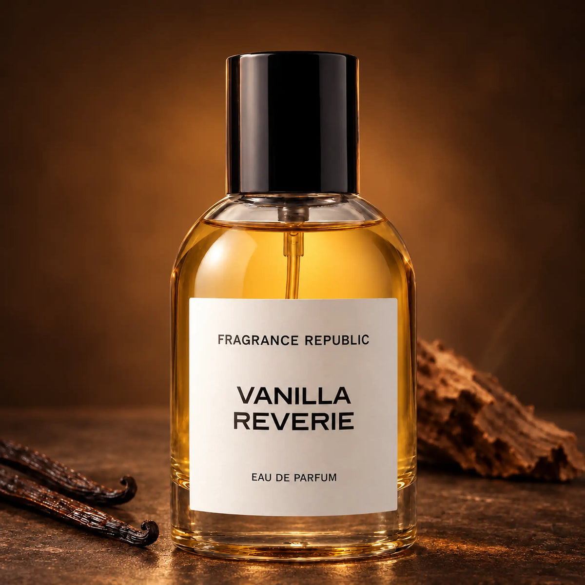 Fragrance Republic Vanilla Reverie eau de parfum bottle beside vanilla pods and wood on a dark background.