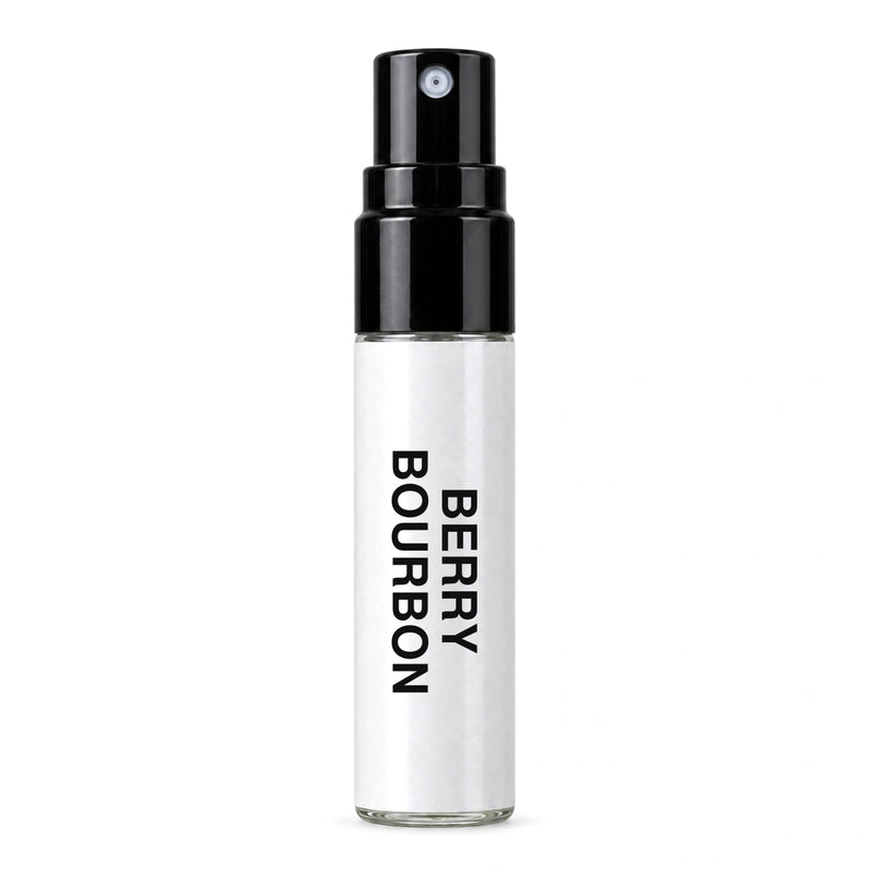 Fragrance Republic Berry Bourbon sample perfume spray with its black nozzle and white label.