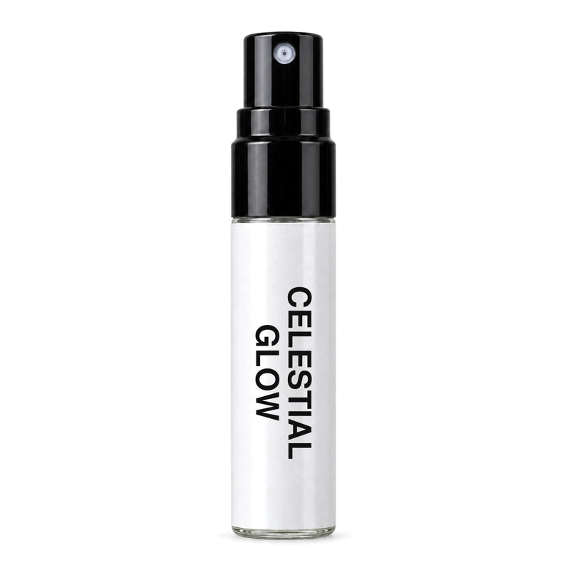 Fragrance Republic Celestial Glow sample perfume spray with its black nozzle and white label.
