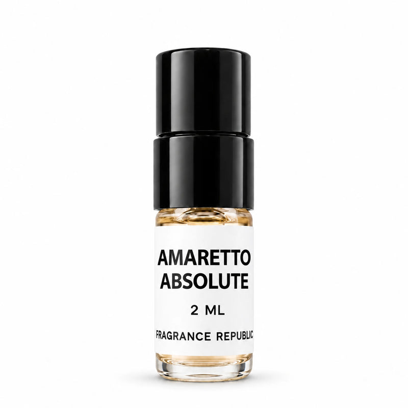 Fragrance Republic Amaretto Absolute 2ml perfume sample spray with a black cap on a white background.