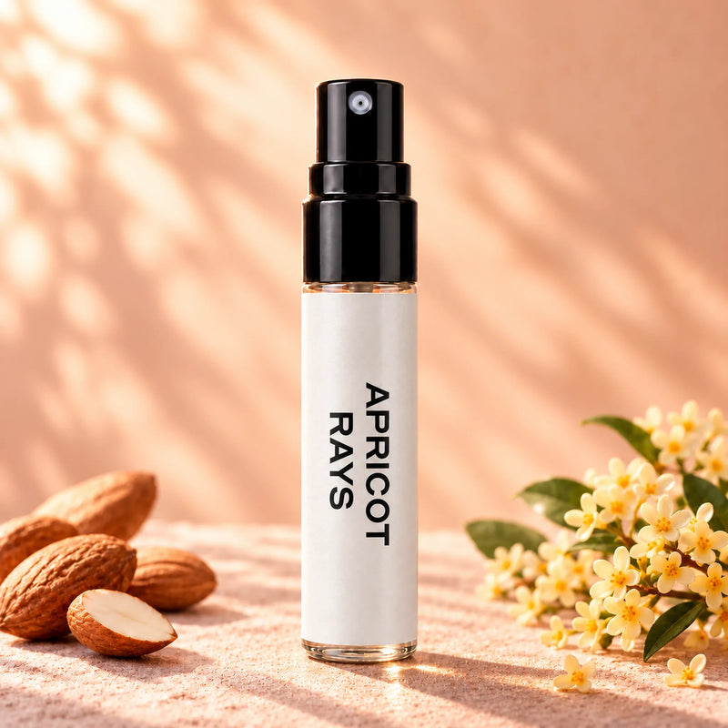Fragrance Republic Apricot Rays 5ml perfume sample spray beside almonds and pale flowers.