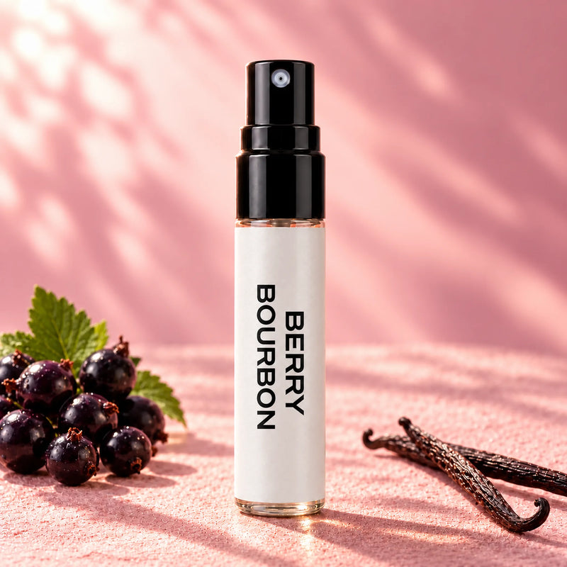 Fragrance Republic Berry Bourbon 5ml perfume sample spray beside blackcurrants and vanilla pods.