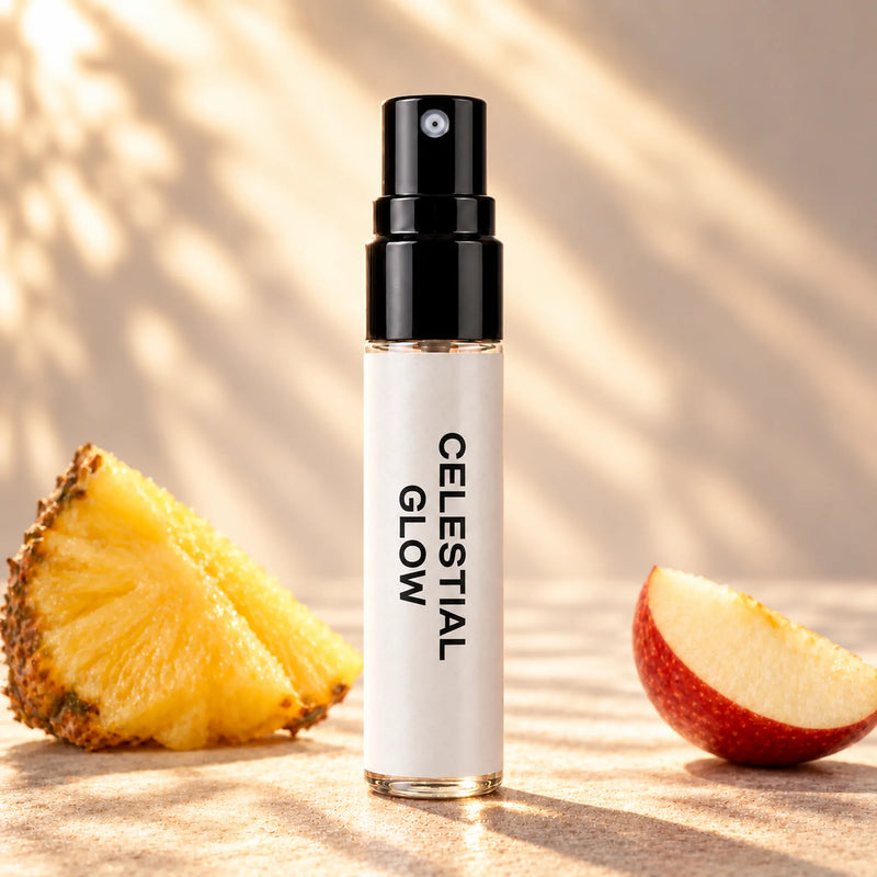 Fragrance Republic Celestial Glow 5ml perfume sample spray beside pineapple and apple.