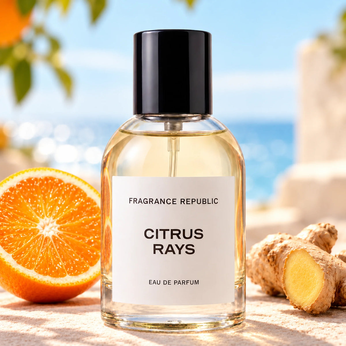 Fragrance Republic Citrus Rays eau de parfum bottle beside orange and ginger with the sea behind.