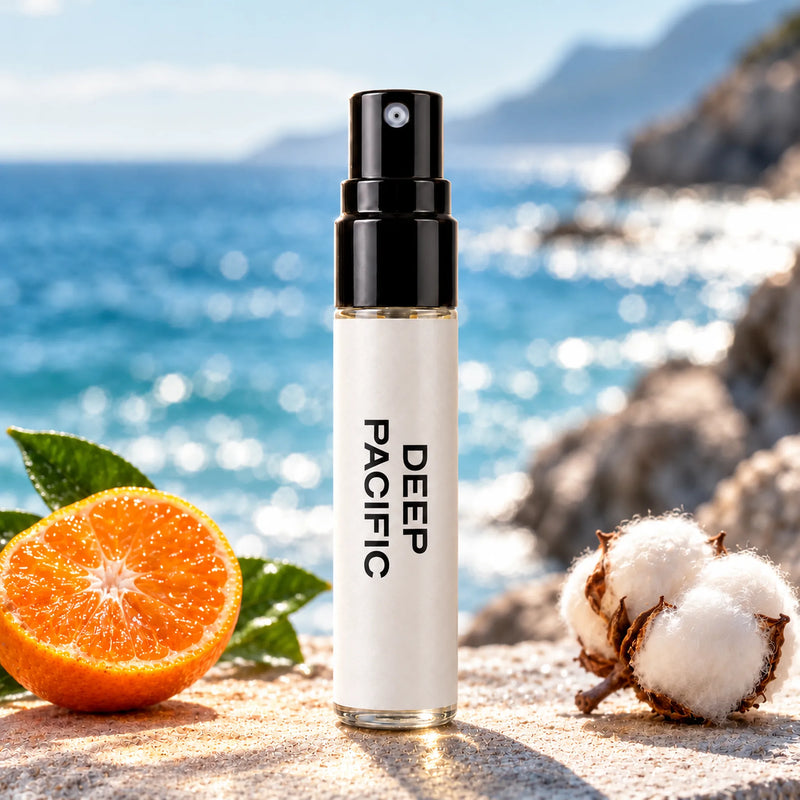 Fragrance Republic Deep Pacific 5ml perfume sample spray beside orange and cotton with the sea behind.