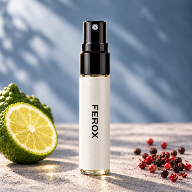 Fragrance Republic Ferox 5ml perfume sample spray beside a halved citrus fruit and peppercorns.