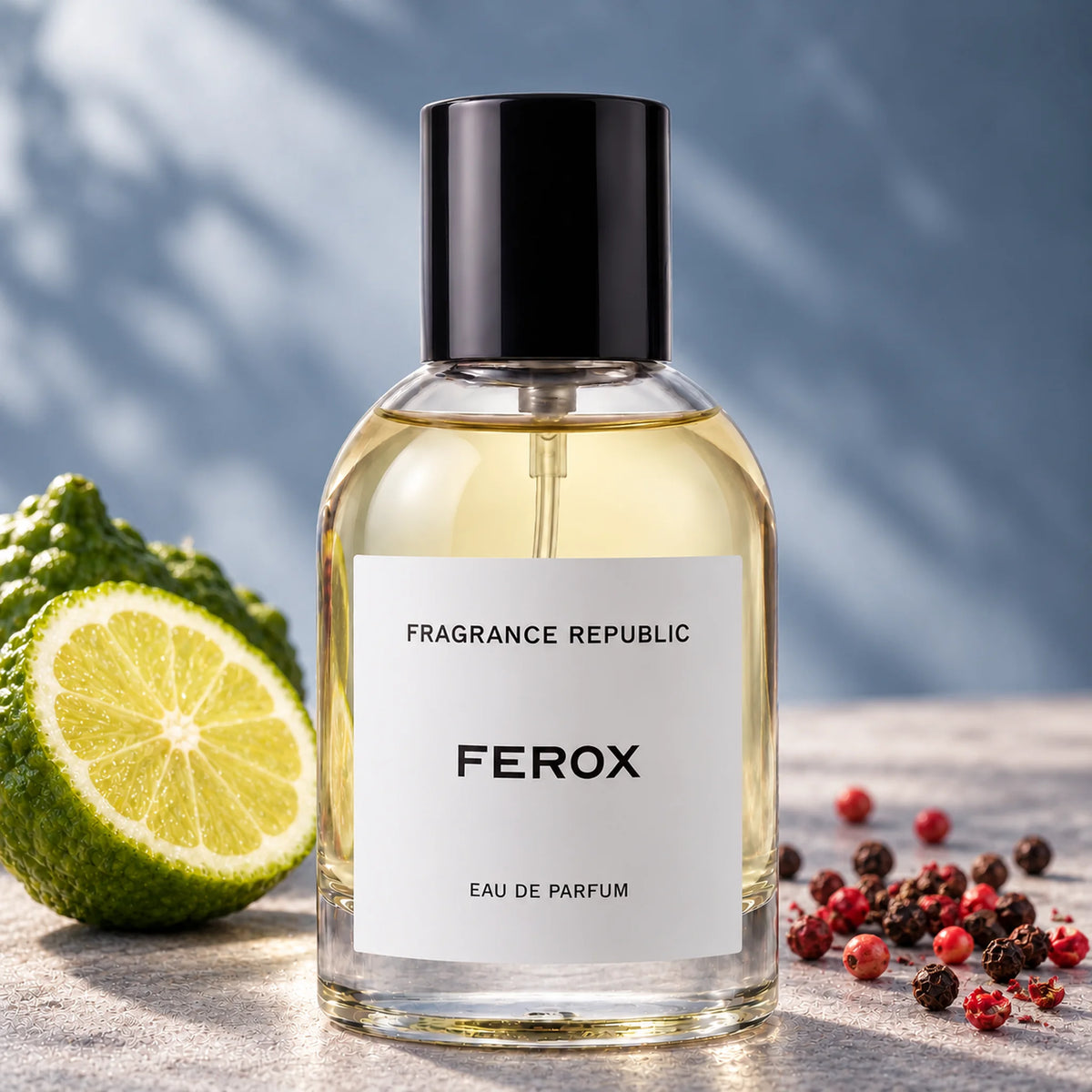 Fragrance Republic Ferox eau de parfum bottle beside a halved citrus fruit and peppercorns.