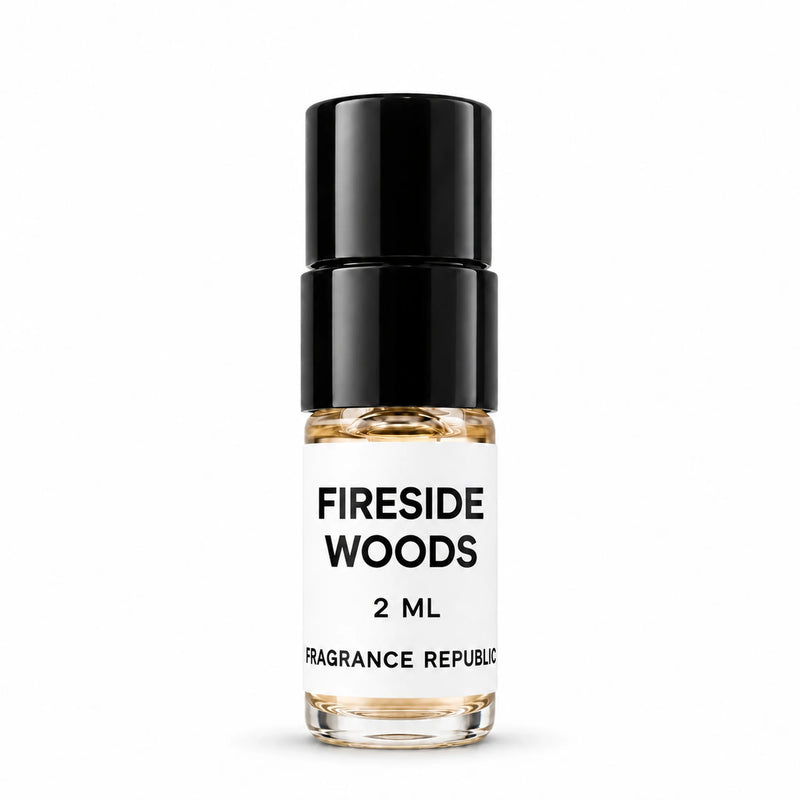 Fragrance Republic Fireside Woods 2ml perfume sample spray with a black cap on a white background.