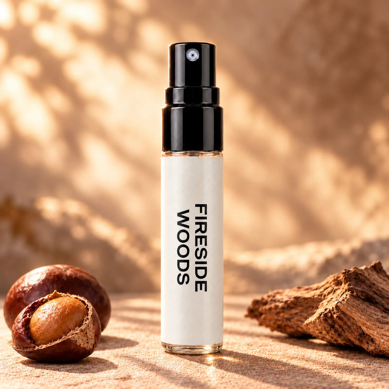 Fragrance Republic Fireside Woods 5ml perfume sample spray beside chestnuts and wood.