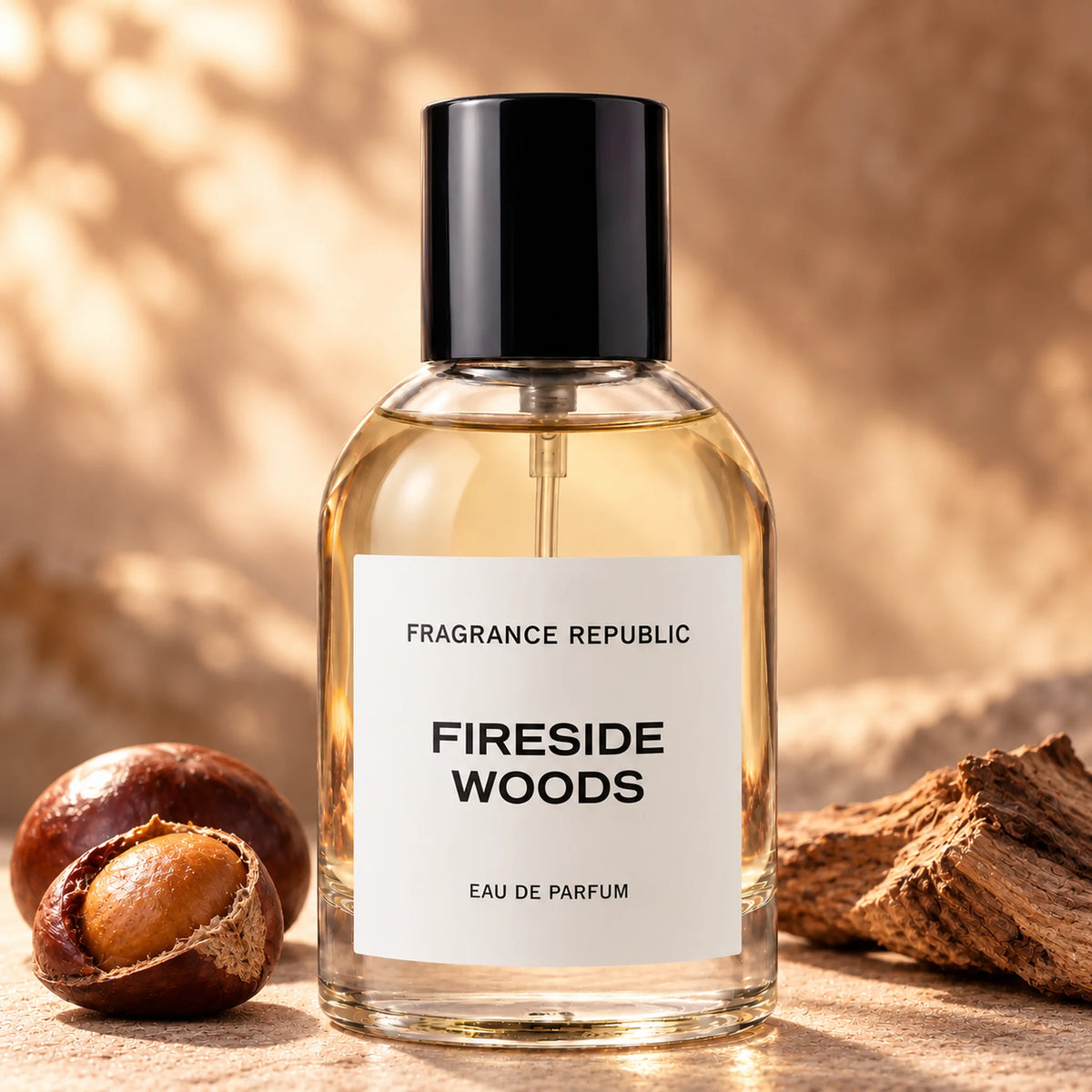 Fragrance Republic Fireside Woods eau de parfum bottle beside chestnuts and wood.