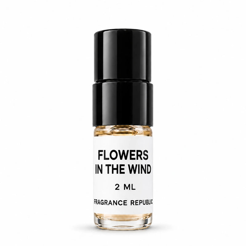 Fragrance Republic Flowers In The Wind 2ml perfume sample spray with a black cap on a white background.