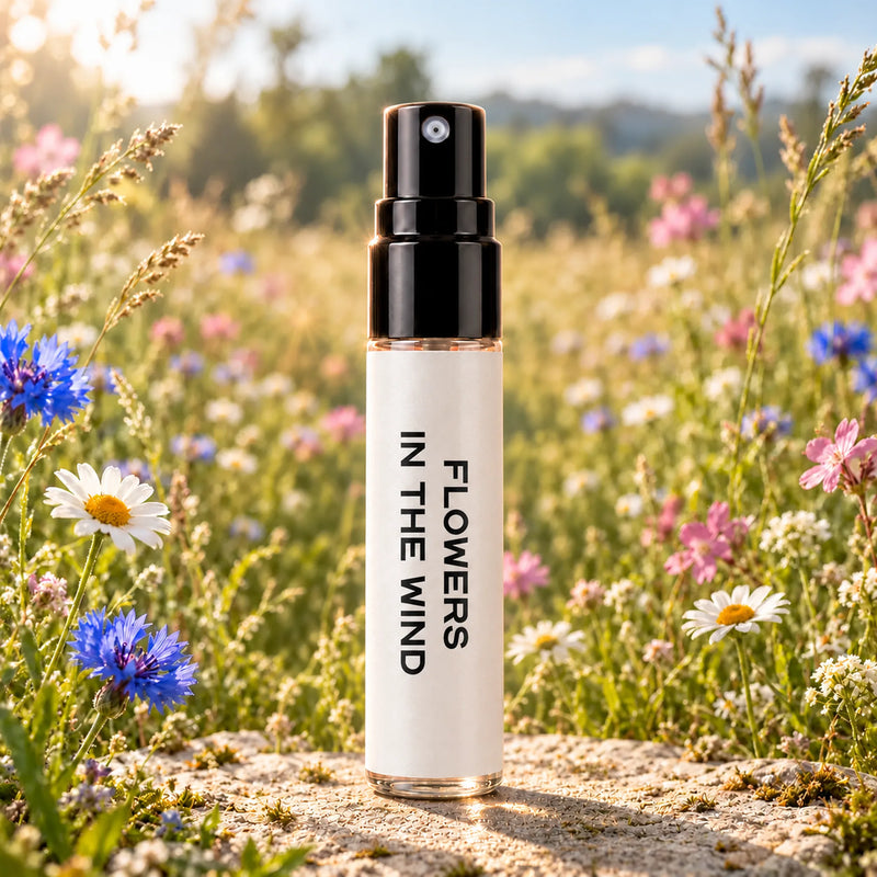 Fragrance Republic Flowers In The Wind 5ml perfume sample spray among wildflowers in a sunlit meadow.