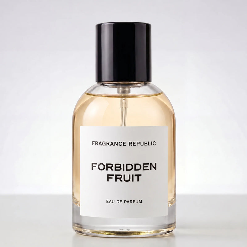Fragrance Republic Forbidden Fruit perfume bottle with black cap on a pale background.