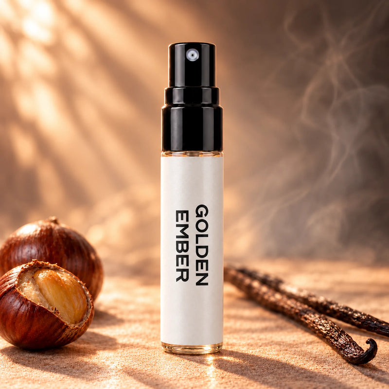 Fragrance Republic Golden Ember 5ml perfume sample spray beside chestnuts and vanilla pods.