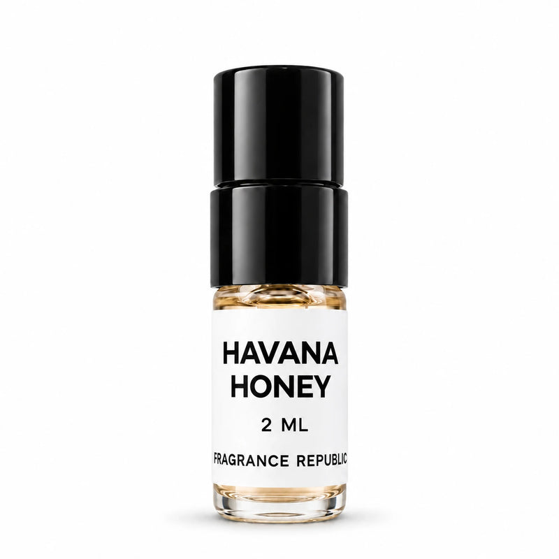Fragrance Republic Havana Honey 2ml perfume sample spray with a black cap on a white background.
