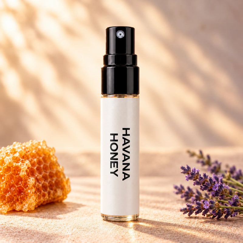Fragrance Republic Havana Honey 5ml perfume sample spray beside honeycomb and lavender.