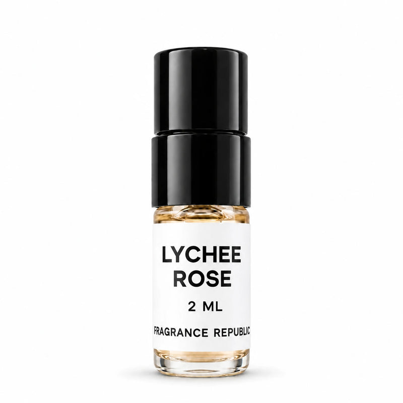 Fragrance Republic Lychee Rose 2ml perfume sample spray with a black cap on a white background.