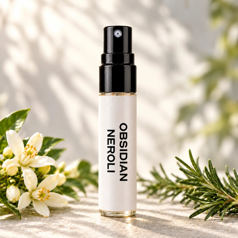Fragrance Republic Obsidian Neroli 5ml perfume sample spray beside white flowers and rosemary.