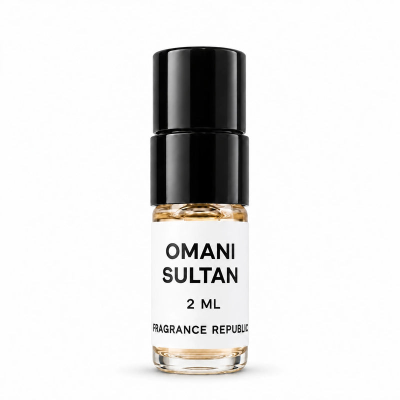 Fragrance Republic Omani Sultan 2ml perfume sample spray with a black cap on a white background.