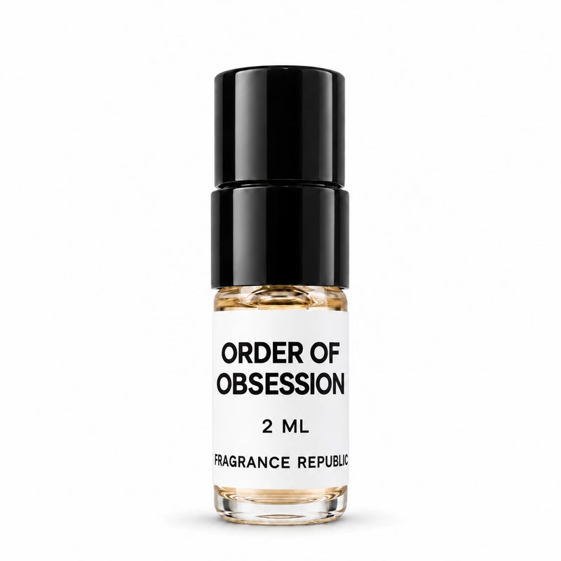 Fragrance Republic Order of Obsession 2ml perfume sample spray with a black cap on a white background.