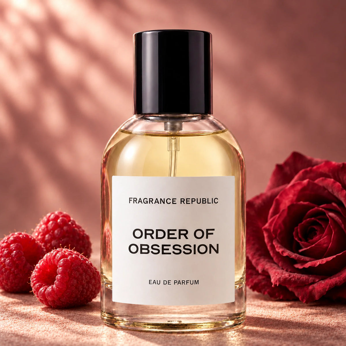 Fragrance Republic Order Of Obsession eau de parfum bottle beside raspberries and a red rose.