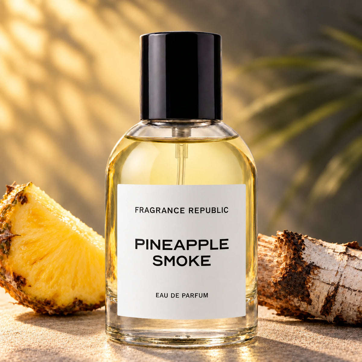 Fragrance Republic Pineapple Smoke eau de parfum bottle beside pineapple and birch wood.