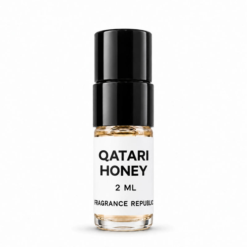 Fragrance Republic Qatari Honey 2ml perfume sample spray with a black cap on a white background.