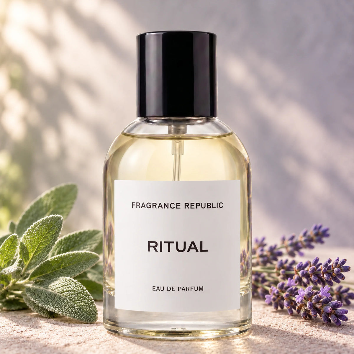 Fragrance Republic Ritual eau de parfum bottle beside sage and lavender.