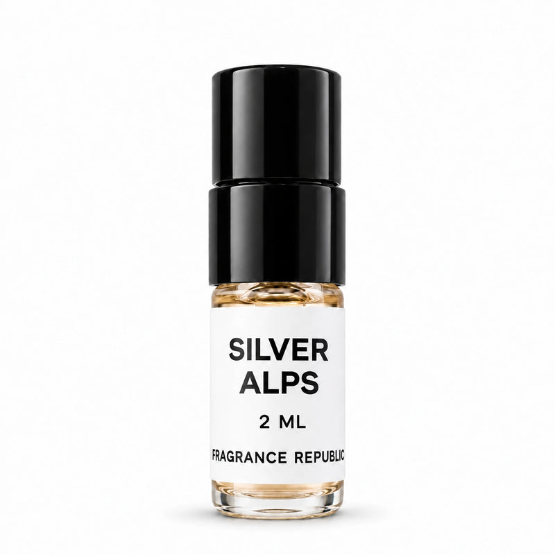 Fragrance Republic Silver Alps 2ml perfume sample spray with a black cap on a white background.