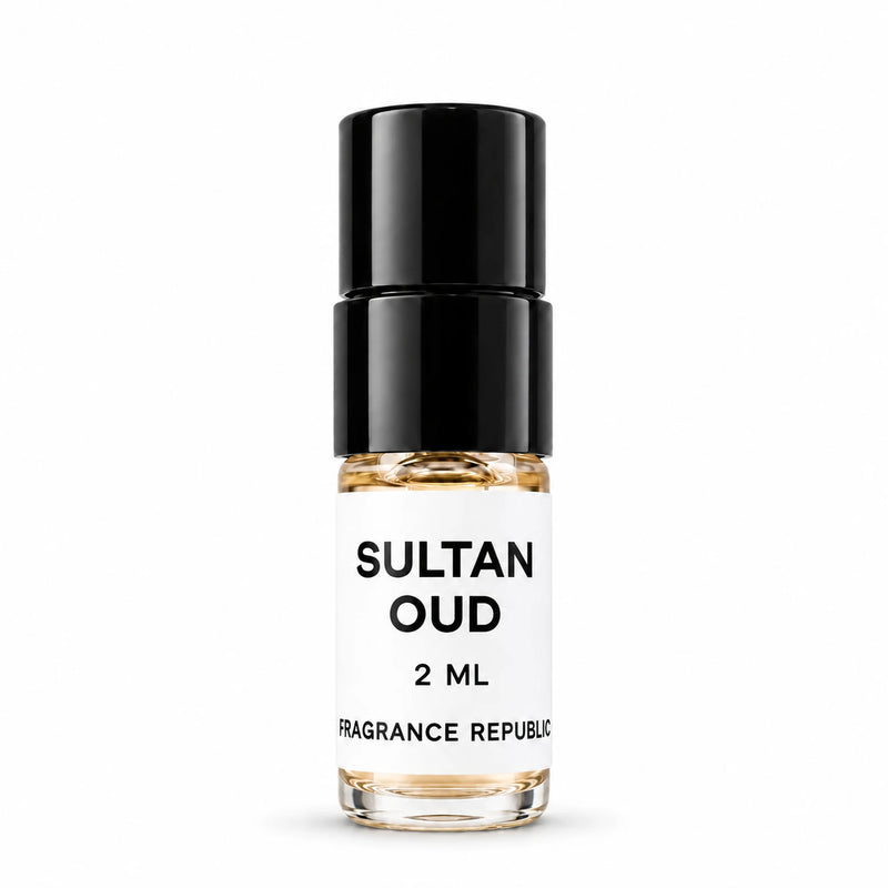Fragrance Republic Sultan Oud 2ml perfume sample spray with a black cap on a white background.
