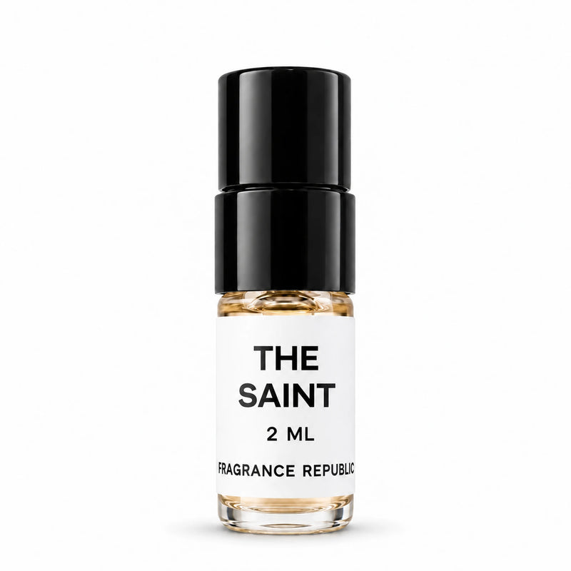 Fragrance Republic The Saint 2ml perfume sample spray with a black cap on a white background.