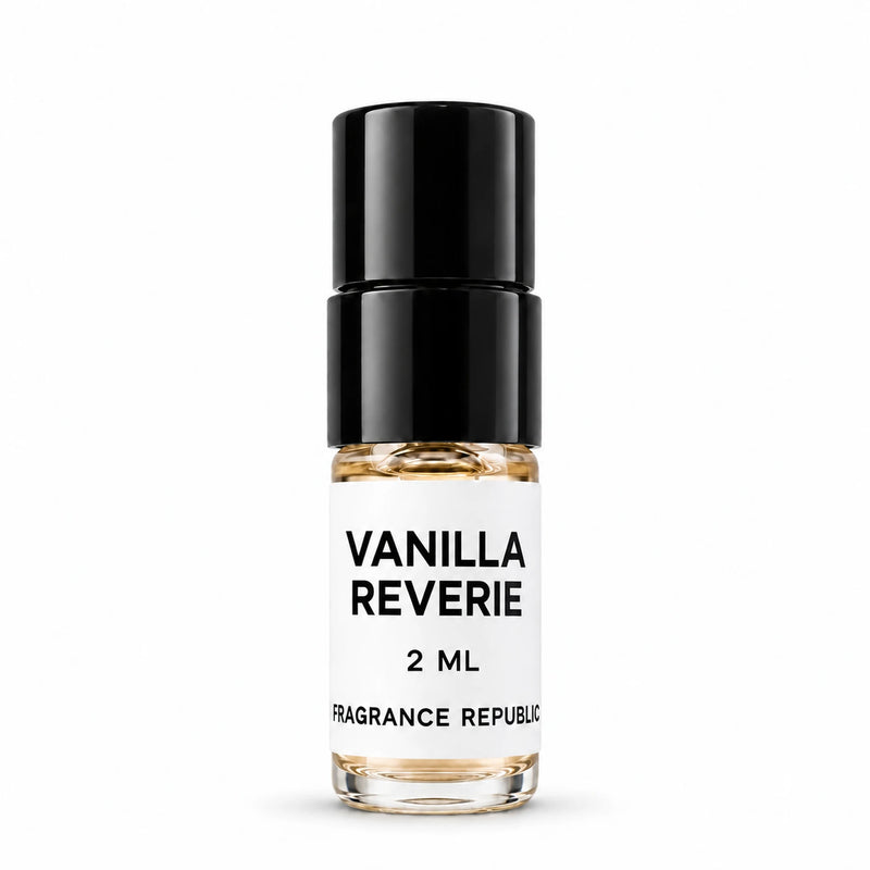 Fragrance Republic Vanilla Reverie 2ml perfume sample spray with a black cap on a white background.