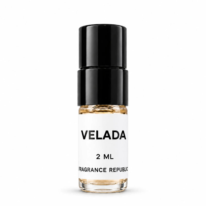 Fragrance Republic Velada 2ml perfume sample spray with a black cap on a white background.