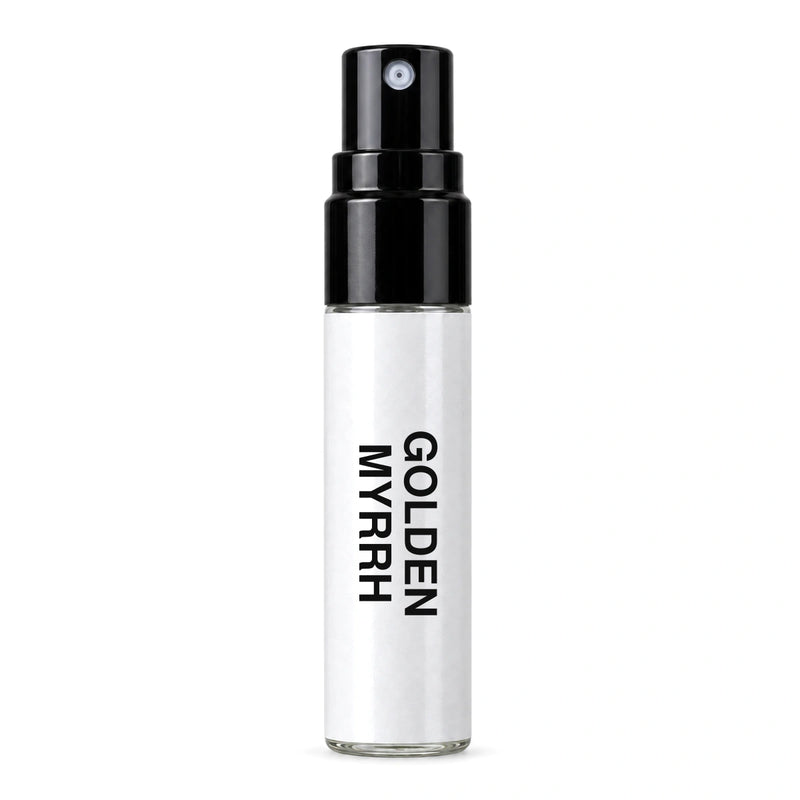 Fragrance Republic Golden Myrrh sample perfume spray with its black nozzle and white label.