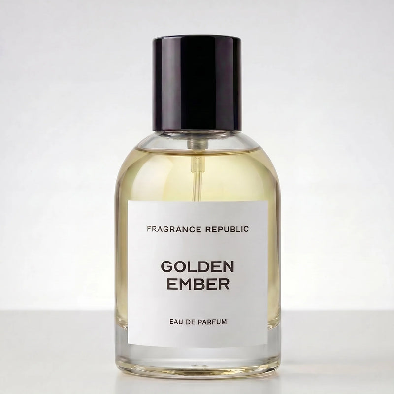 Fragrance Republic Golden Ember perfume bottle with black cap on a pale background.