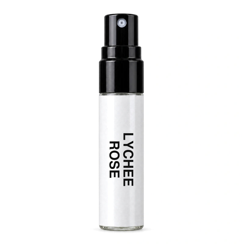 Fragrance Republic Lychee Rose sample spray with vertical white label.
