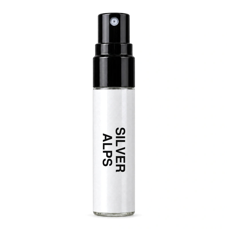 Fragrance Republic Silver Alps sample perfume spray with its black nozzle and white label.