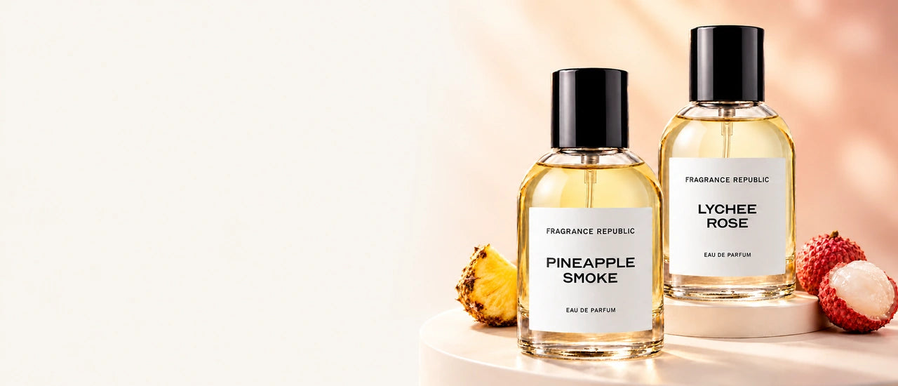 Fragrance Republic Pineapple Smoke and Lychee Rose perfume bottles