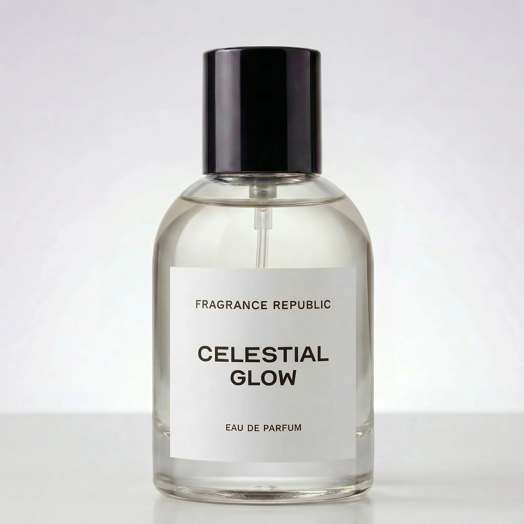 Perfume bottle labeled 'Amaretto Absolute' by Fragrance Republic on a light gray background