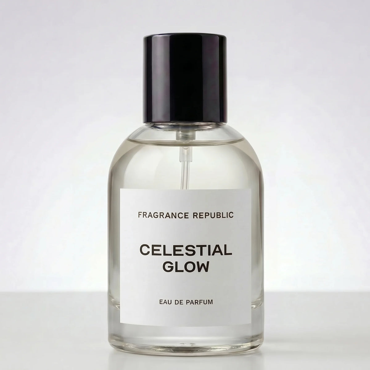 Perfume bottle labeled 'Amaretto Absolute' by Fragrance Republic on a light gray background