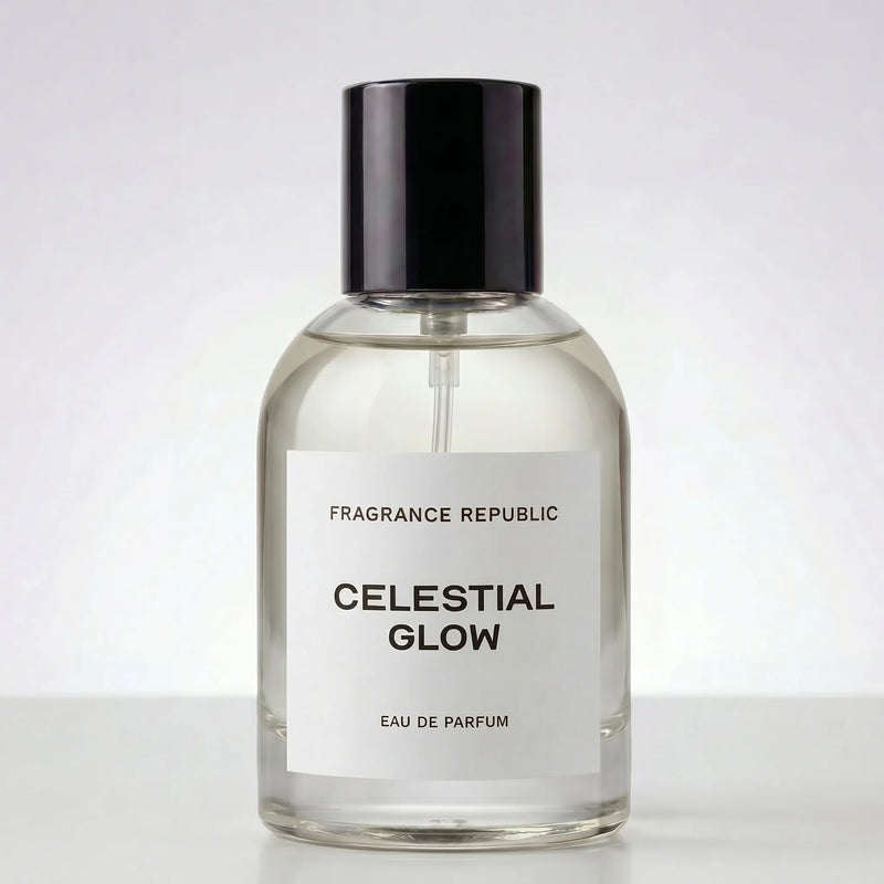 Fragrance Republic Celestial Glow 55ml eau de parfum bottle with cap on a white background