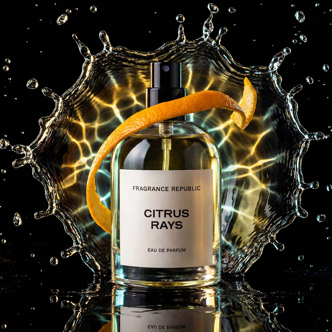 Citrus Rays perfume bottle with orange peel and water splash, citrus fragrance concept