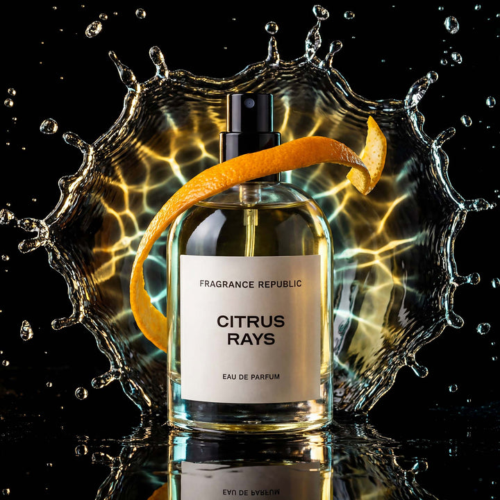 Citrus Rays perfume bottle with orange peel and water splash, citrus fragrance concept