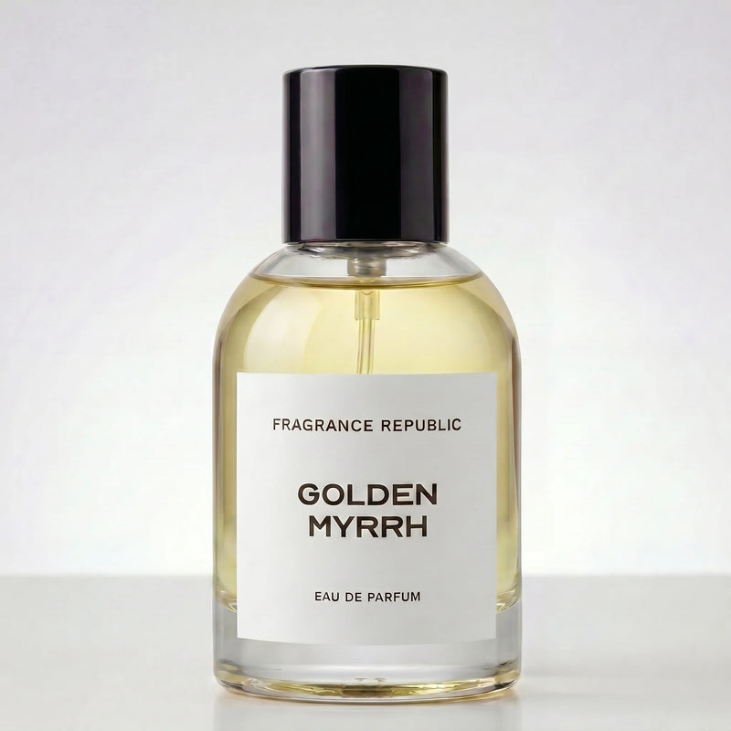 Fragrance Republic Golden Myrrh perfume bottle with black cap.