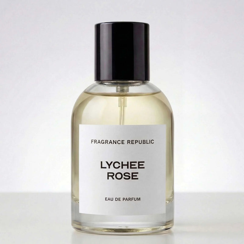 Fragrance Republic Lychee Rose perfume bottle with black cap.