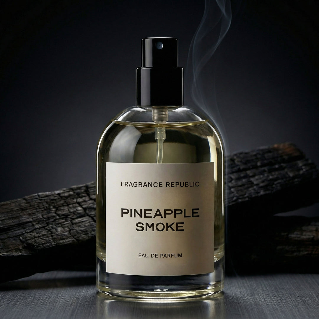 Pineapple Smoke eau de parfum bottle with charred wood and smoke in moody lighting