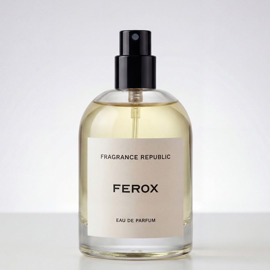 Ferox Eau de Parfum clear glass spray bottle with minimalist label on white background